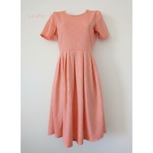 LuLaRoe Amelia Dress S Coral Geometric Fit & Flare Pleated Pockets Stretch